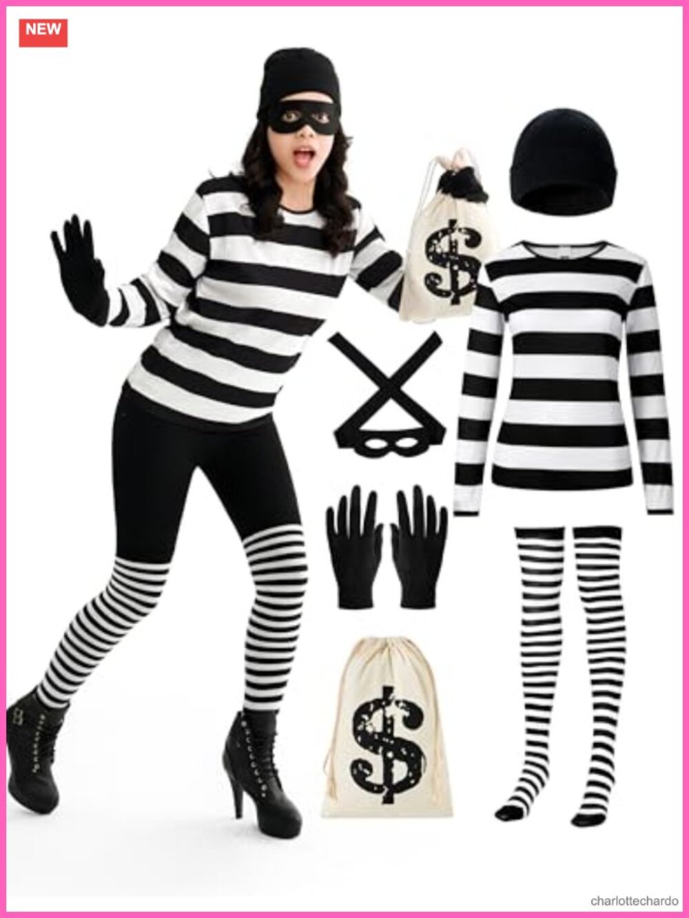 Halloween Women Robber Costume Set Striped T-Shirt Cosplay Party